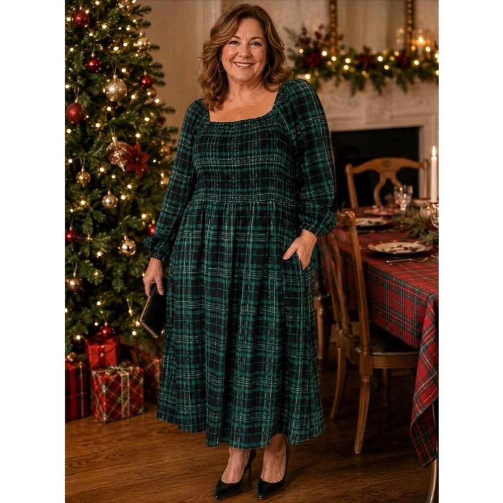 Lane Bryant Dress Women 22/24 Green Black Plaid Smocked Midi Pockets Cottagecore
